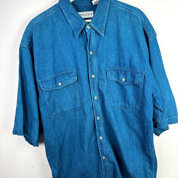 Vintage Nouvo Teal Blue Denim Button Down Short Sleeve Shirt Men's XL 90s Y2K - Picture 7 of 7